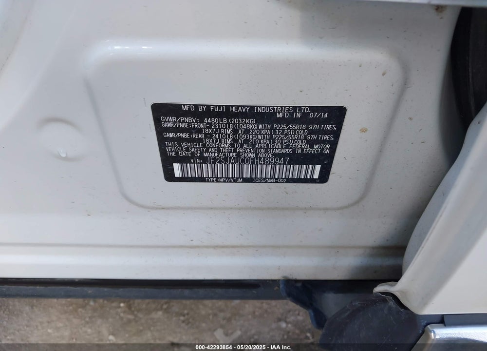 2015 SUBARU FORESTER VIN: JF2SJAUC0FH489947