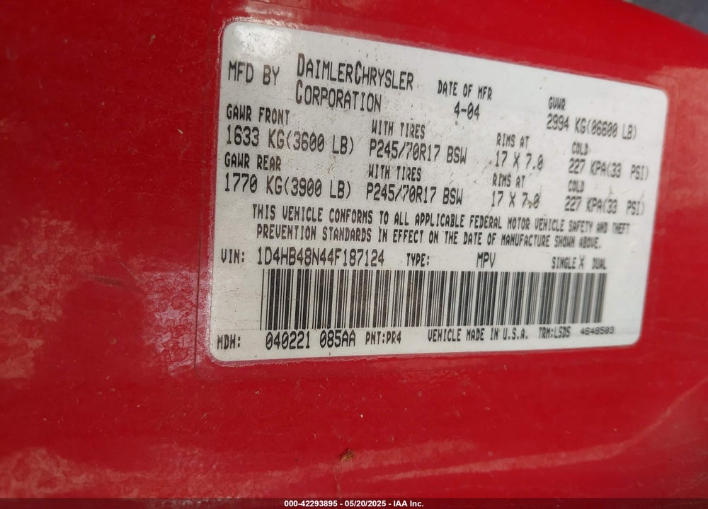 2004 DODGE DURANGO SLT VIN: 1D4HB48N44F187124