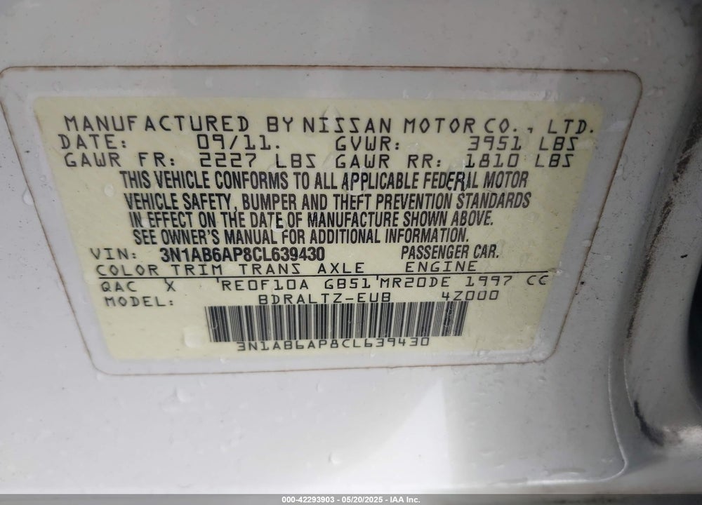 2012 NISSAN SENTRA VIN: 3N1AB6AP8CL639430