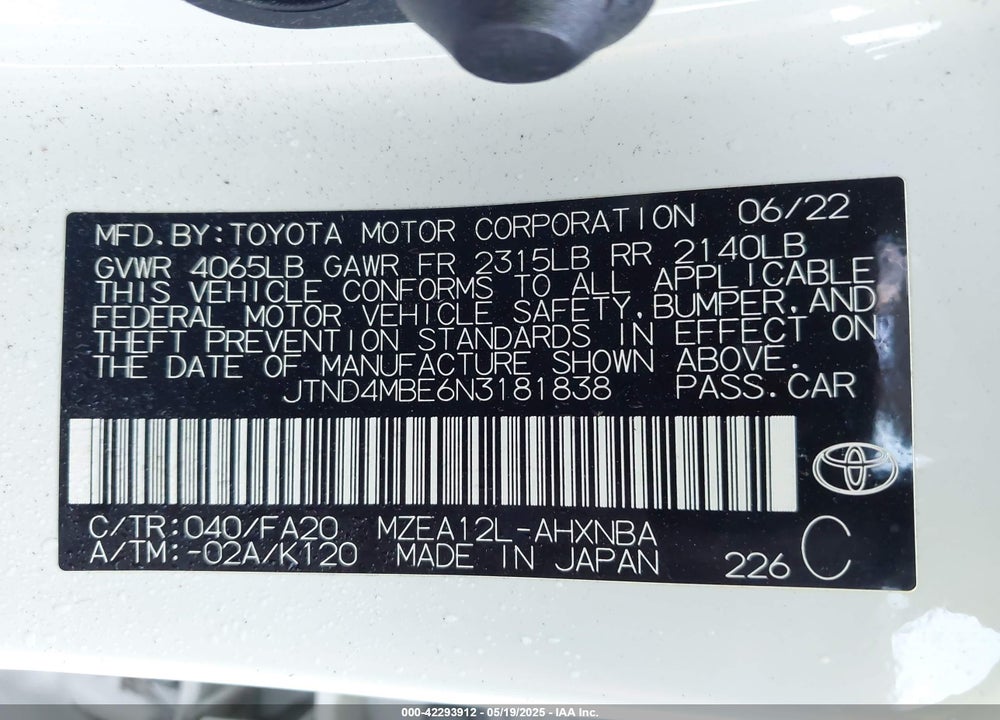 2022 TOYOTA COROLLA SE NIGHTSHADE EDITION VIN: JTND4MBE6N3181838