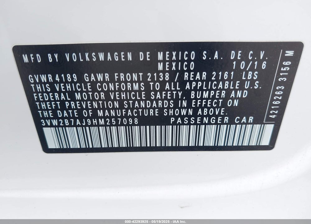 2017 VOLKSWAGEN JETTA VIN: 3VW2B7AJ9HM257098