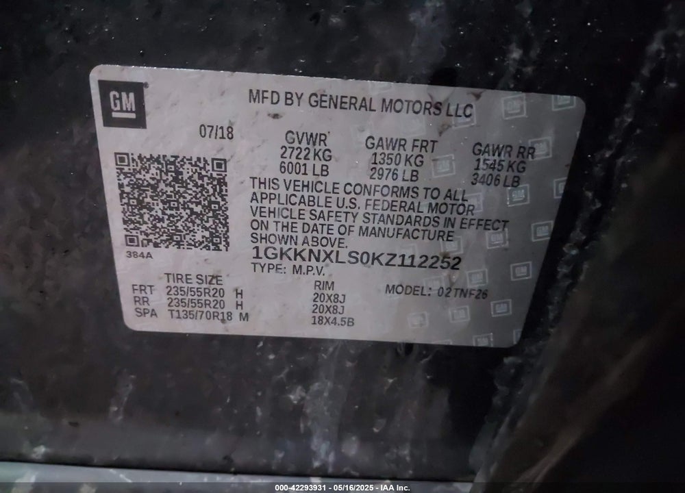 2019 GMC ACADIA VIN: 1GKKNXLS0KZ112252