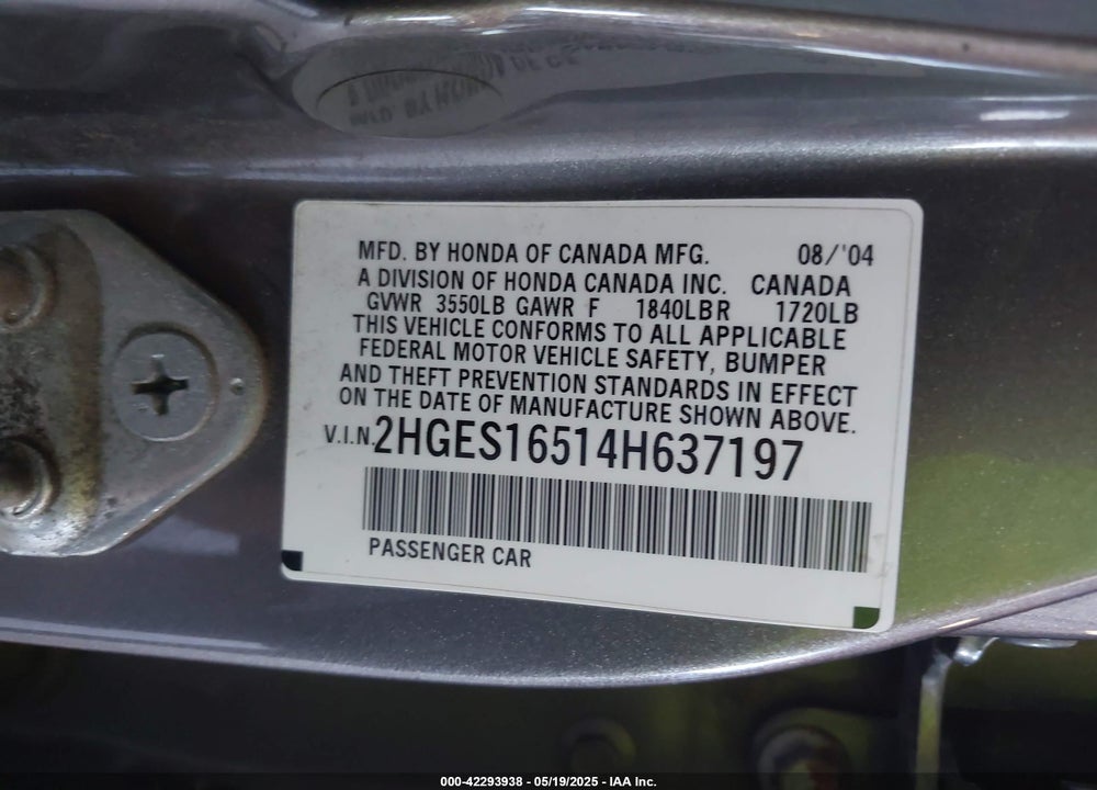 2004 HONDA CIVIC LX VIN: 2HGES16514H637197