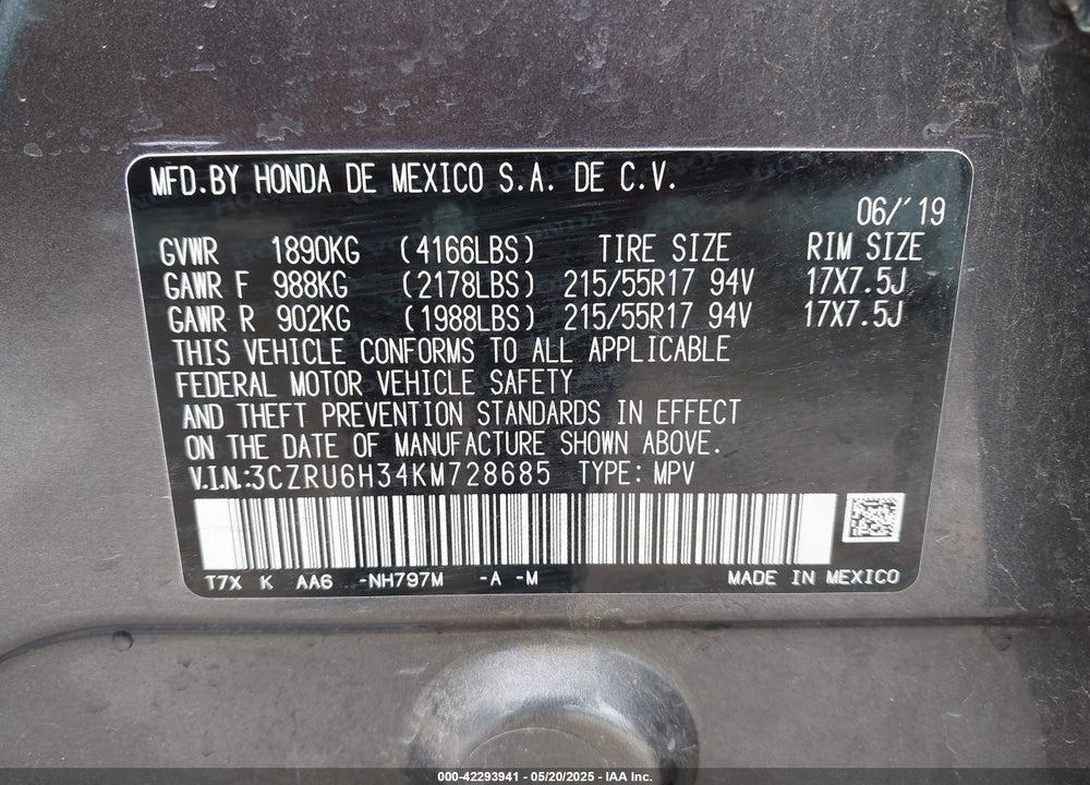 2019 HONDA HR-V VIN: 3CZRU6H34KM728685