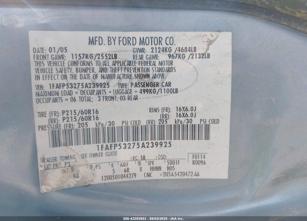 2005 FORD TAURUS SE VIN: 1FAFP53275A239925