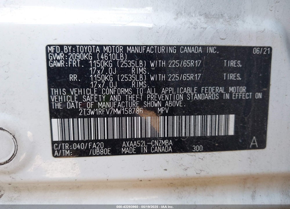 2021 TOYOTA RAV4 XLE VIN: 2T3W1RFV7MW158786