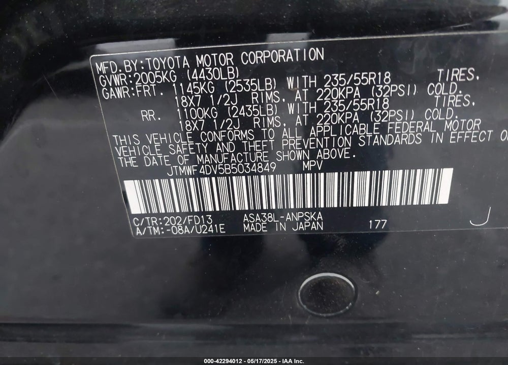 2011 TOYOTA RAV4 SPORT VIN: JTMWF4DV5B5034849