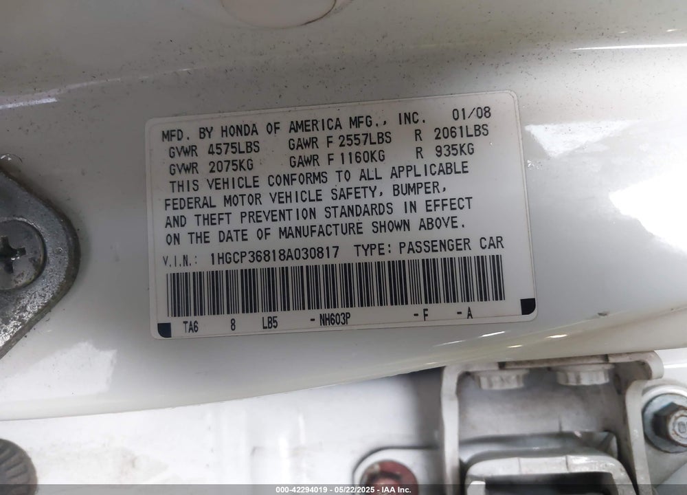2008 HONDA ACCORD VIN: 1HGCP36818A030817