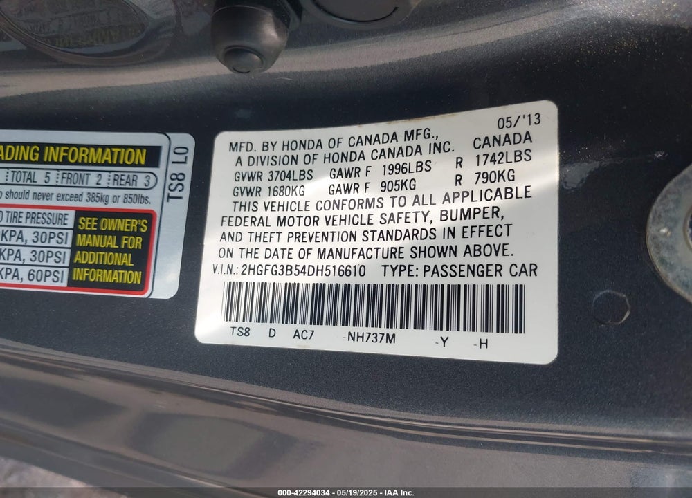 2013 HONDA CIVIC VIN: 2HGFG3B54DH516610