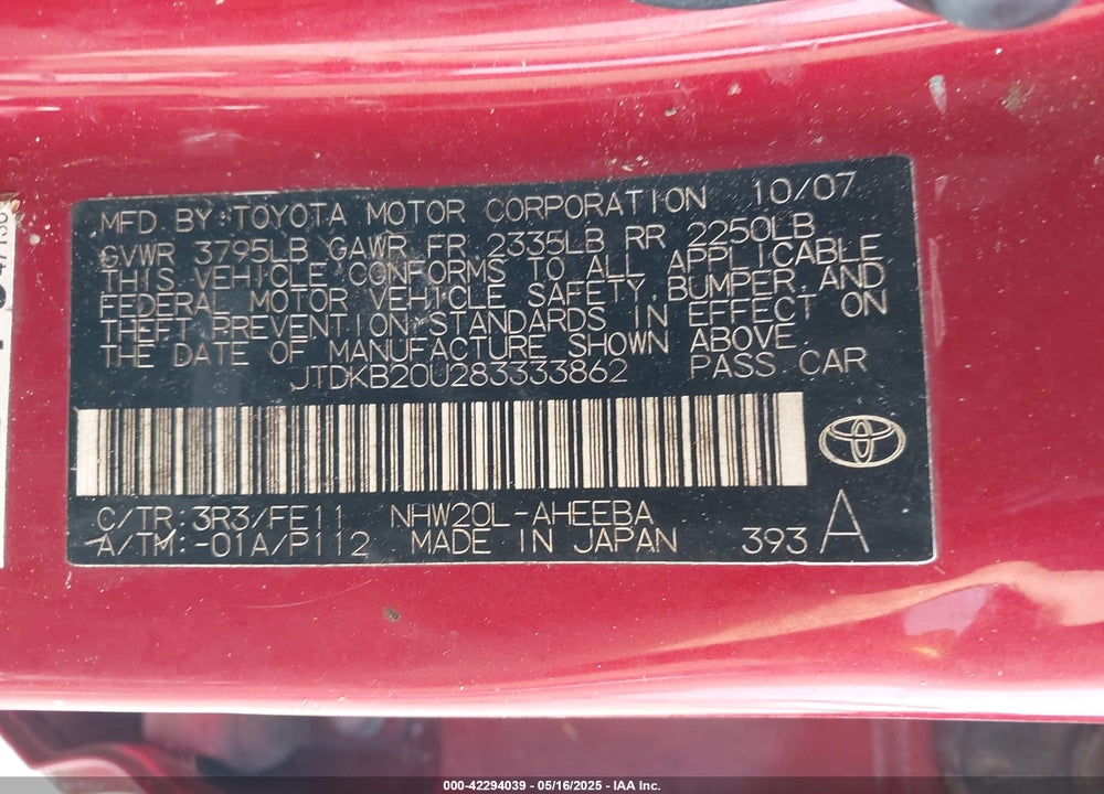 2008 TOYOTA PRIUS VIN: JTDKB20U283333862