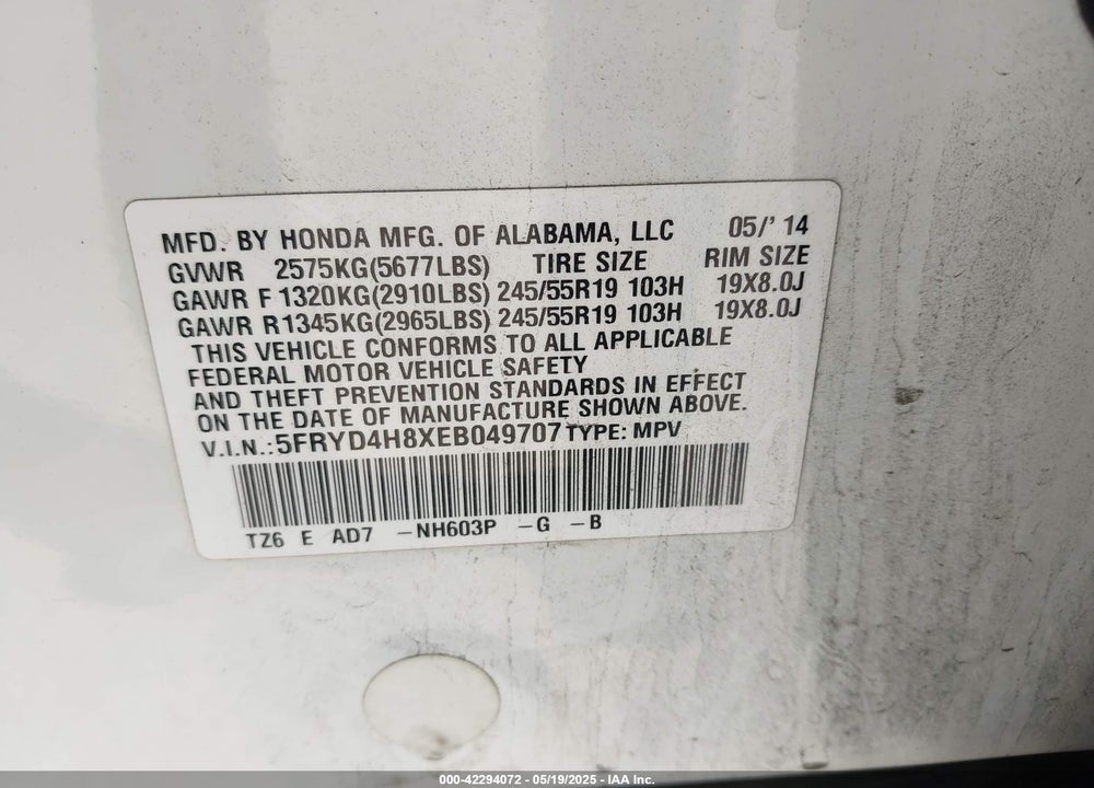 2014 ACURA MDX VIN: 5FRYD4H8XEB049707