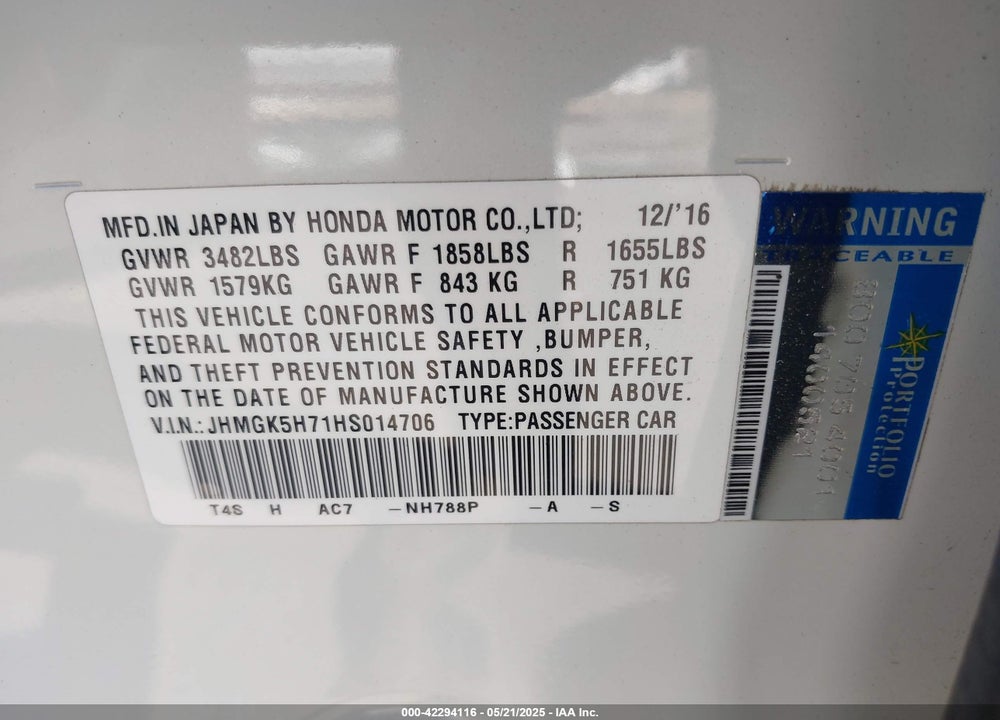 2017 HONDA FIT VIN: JHMGK5H71HS014706