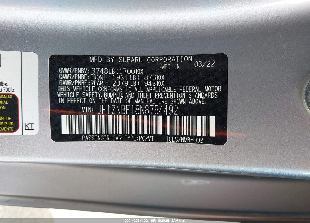 2022 TOYOTA GR86 VIN: JF1ZNBF18N8754492