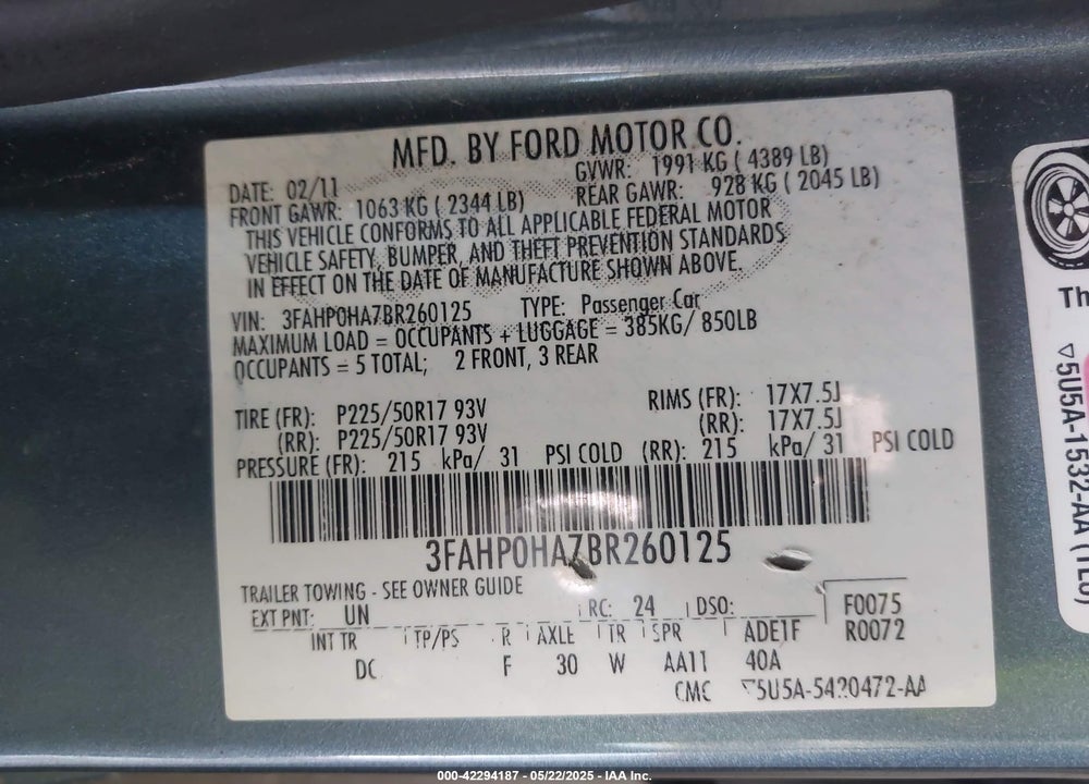 2011 FORD FUSION VIN: 3FAHP0HA7BR260125