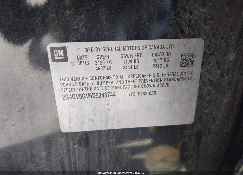 2013 BUICK REGAL VIN: 2G4GV5GV6D9248744