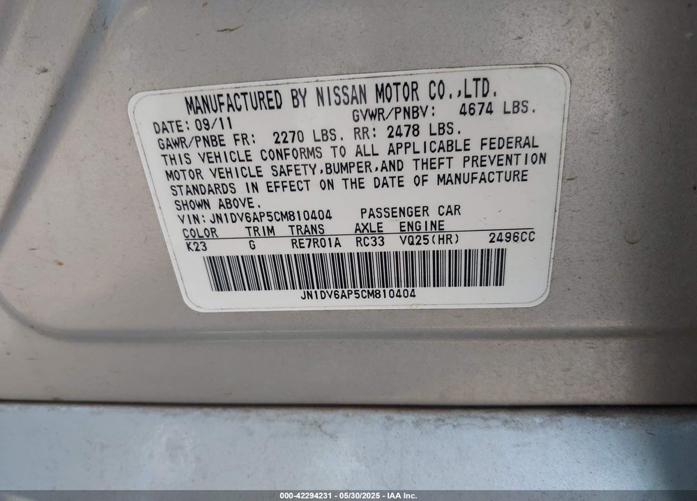2012 INFINITI G25 VIN: JN1DV6AP5CM810404