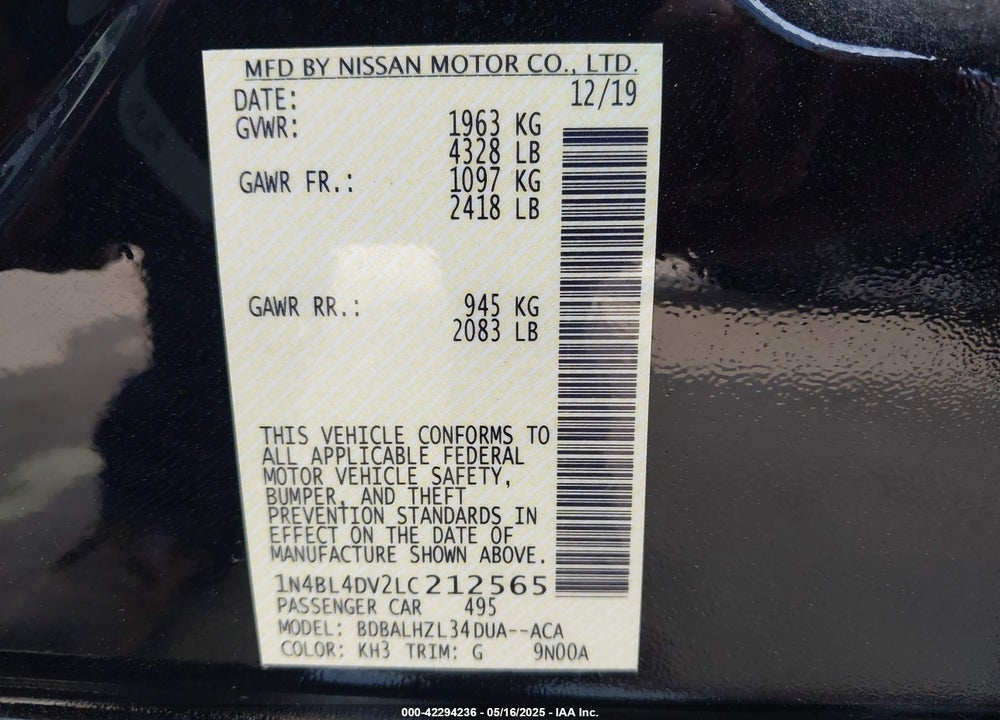 2020 NISSAN ALTIMA VIN: 1N4BL4DV2LC212565