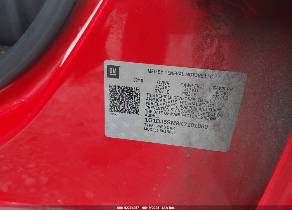 2019 CHEVROLET CRUZE CVT (FLEET ORDERS ONLY) VIN: 1G1BJ5SM8K7101860