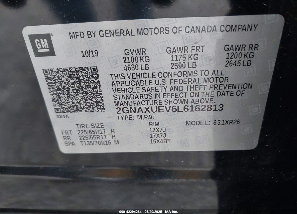 2020 CHEVROLET EQUINOX AWD LT 1.5L TURBO VIN: 2GNAXUEV6L6162813