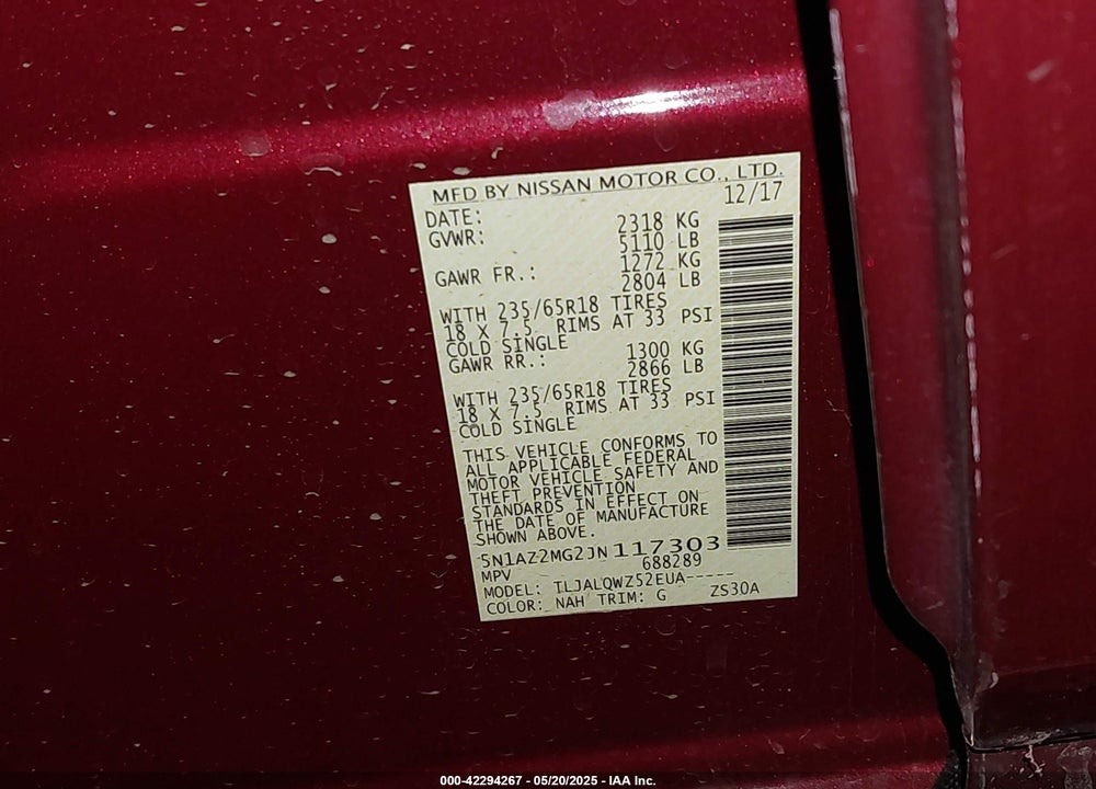 2018 NISSAN MURANO SV VIN: 5N1AZ2MG2JN117303