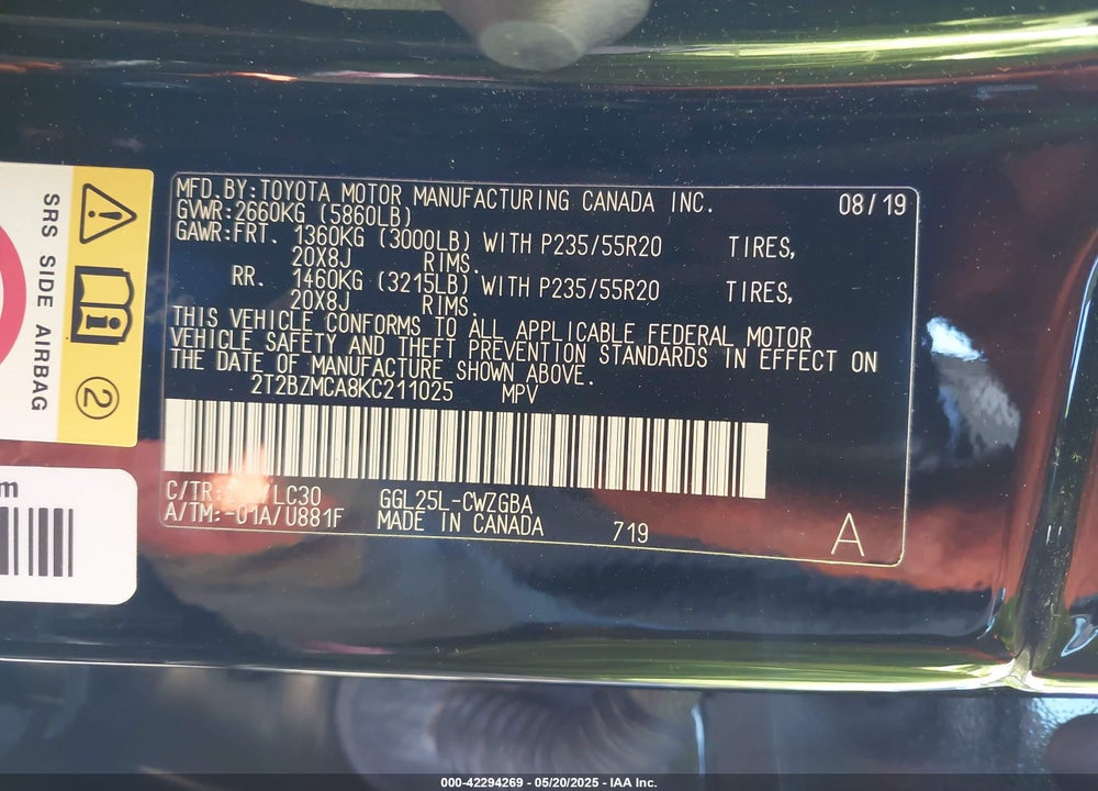 2019 LEXUS RX 350 F-SPORT VIN: 2T2BZMCA8KC211025