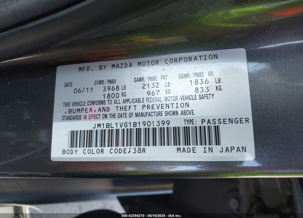 2011 MAZDA MAZDA3 VIN: JM1BL1VG1B1901399