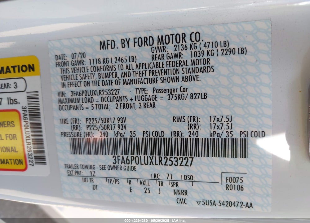 2020 FORD FUSION HYBRID SE VIN: 3FA6P0LUXLR253227