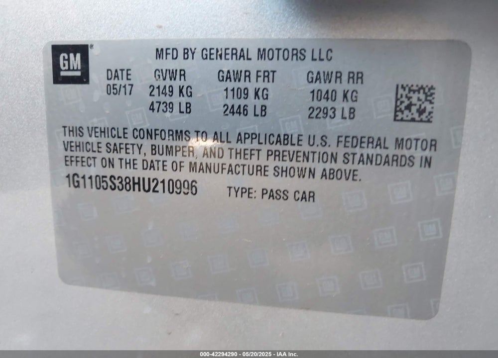 2017 CHEVROLET IMPALA VIN: 1G1105S38HU210996