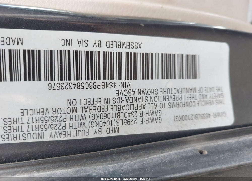 2008 SUBARU OUTBACK VIN: 4S4BP86C584323576