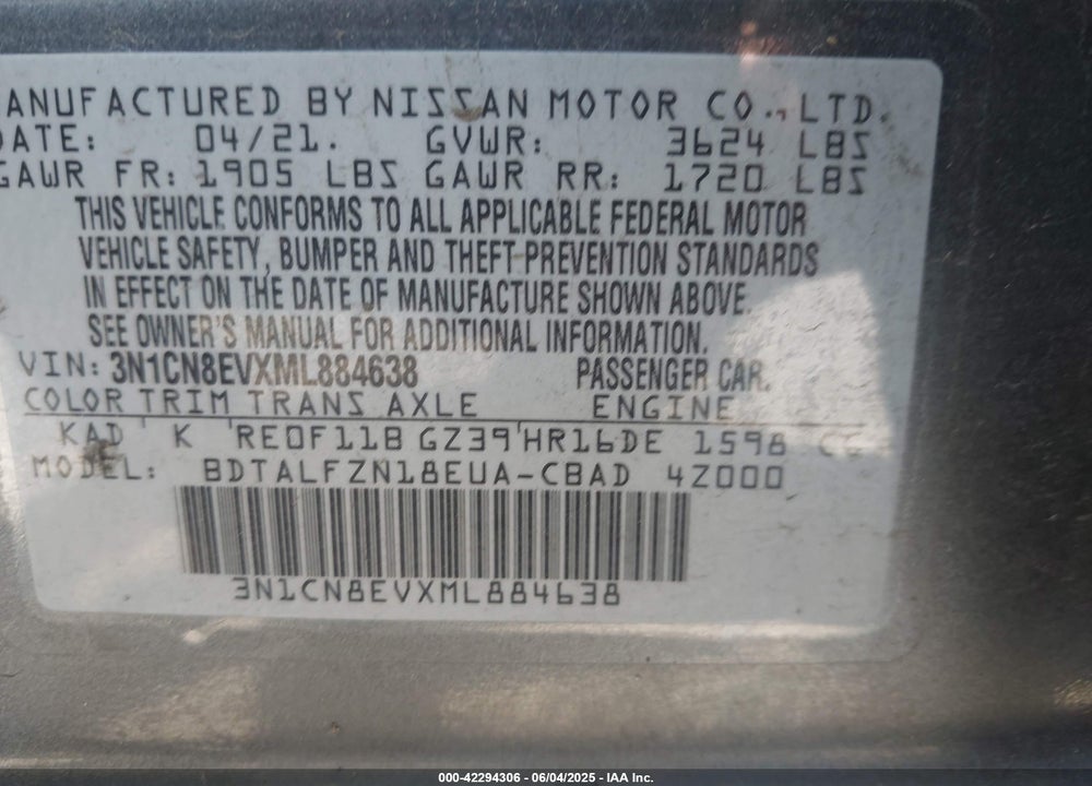 2021 NISSAN VERSA SV XTRONIC CVT VIN: 3N1CN8EVXML884638
