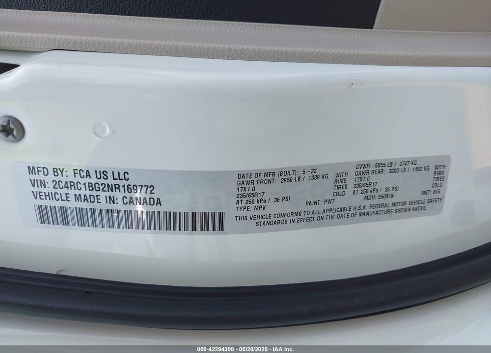 2022 CHRYSLER PACIFICA VIN: 2C4RC1BG2NR169772