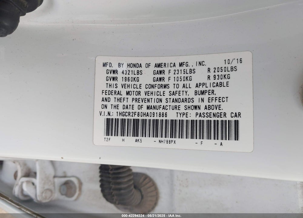 2017 HONDA ACCORD EX-L VIN: 1HGCR2F80HA091886