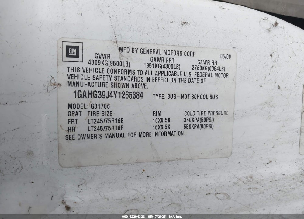 2000 CHEVROLET EXPRESS VIN: 1GAHG39J4Y1265384