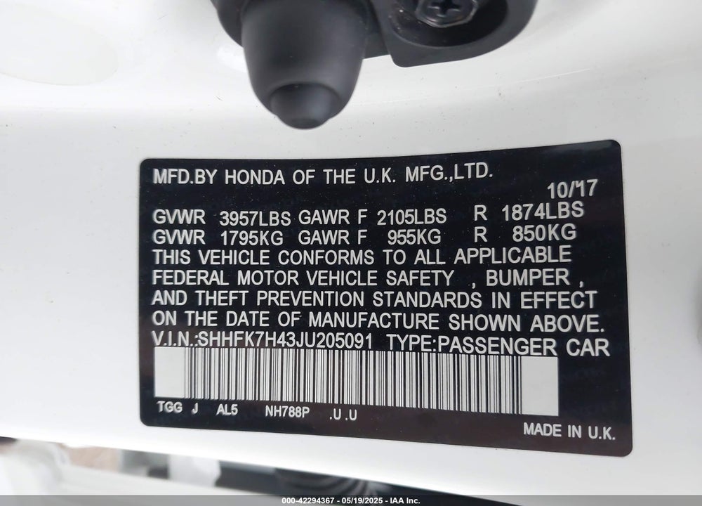 2018 HONDA CIVIC VIN: SHHFK7H43JU205091