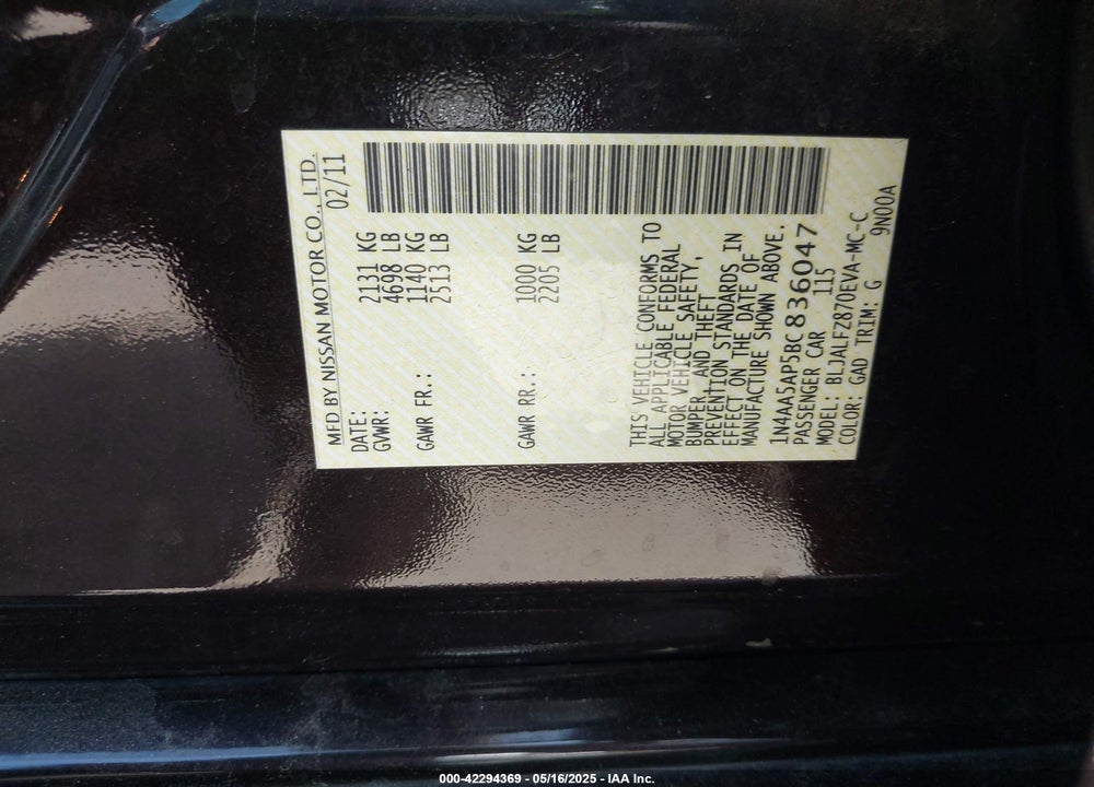 2011 NISSAN MAXIMA 3.5 SV VIN: 1N4AA5AP5BC836047