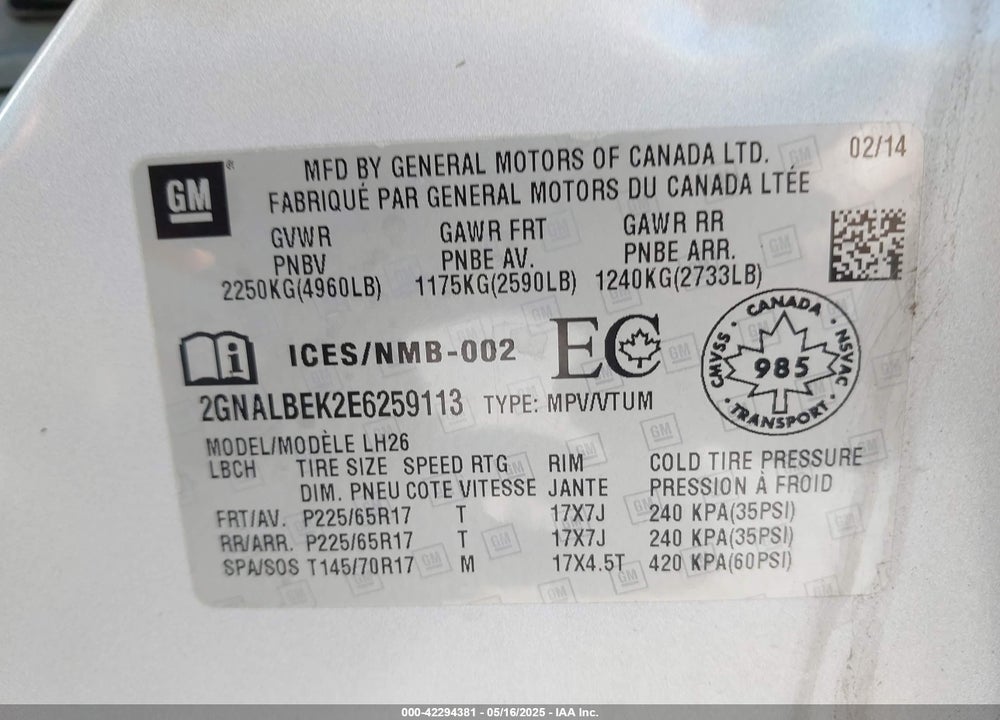 2014 CHEVROLET EQUINOX VIN: 2GNALBEK2E6259113