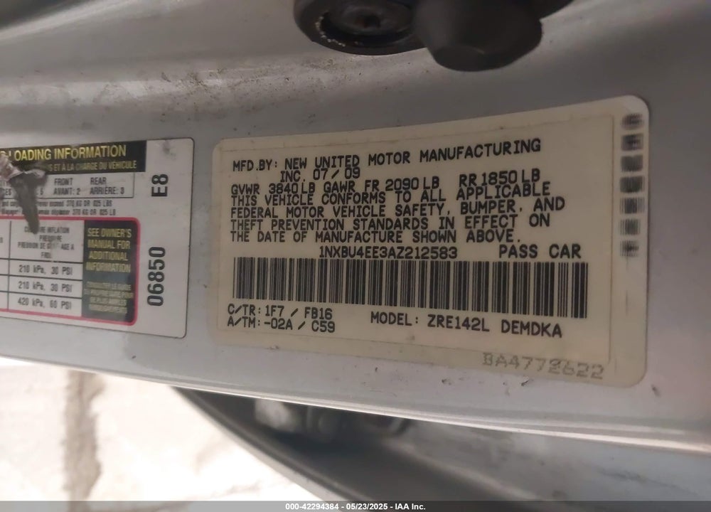 2010 TOYOTA COROLLA VIN: 1NXBU4EE3AZ212583