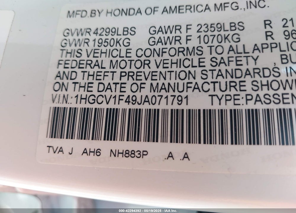 2018 HONDA ACCORD EX VIN: 1HGCV1F49JA071791