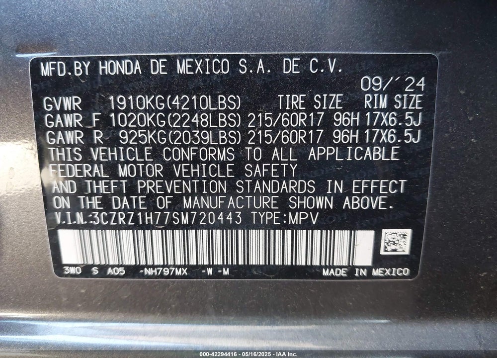 2025 HONDA HR-V VIN: 3CZRZ1H77SM720443