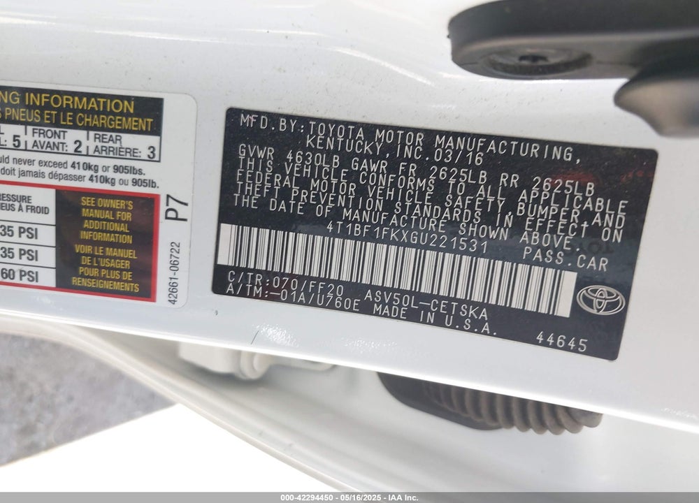 2016 TOYOTA CAMRY SE VIN: 4T1BF1FKXGU221531