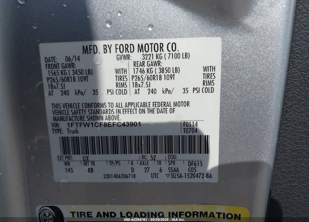 2014 FORD F-150 VIN: 1FTFW1CF8EFC43901