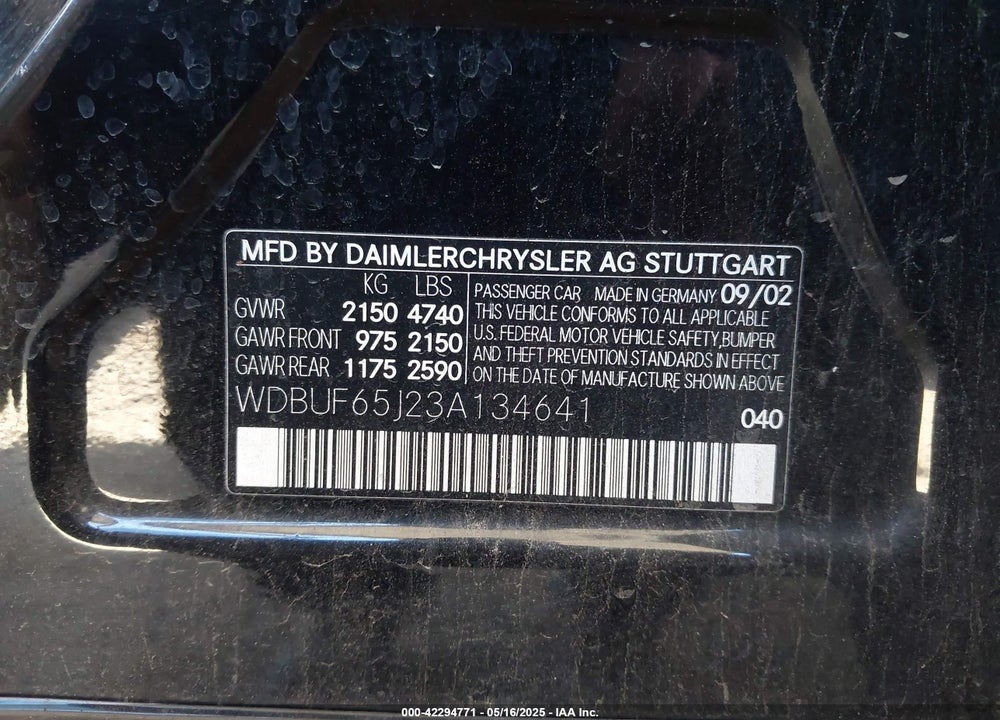 2003 MERCEDES-BENZ E 320 VIN: WDBUF65J23A134641