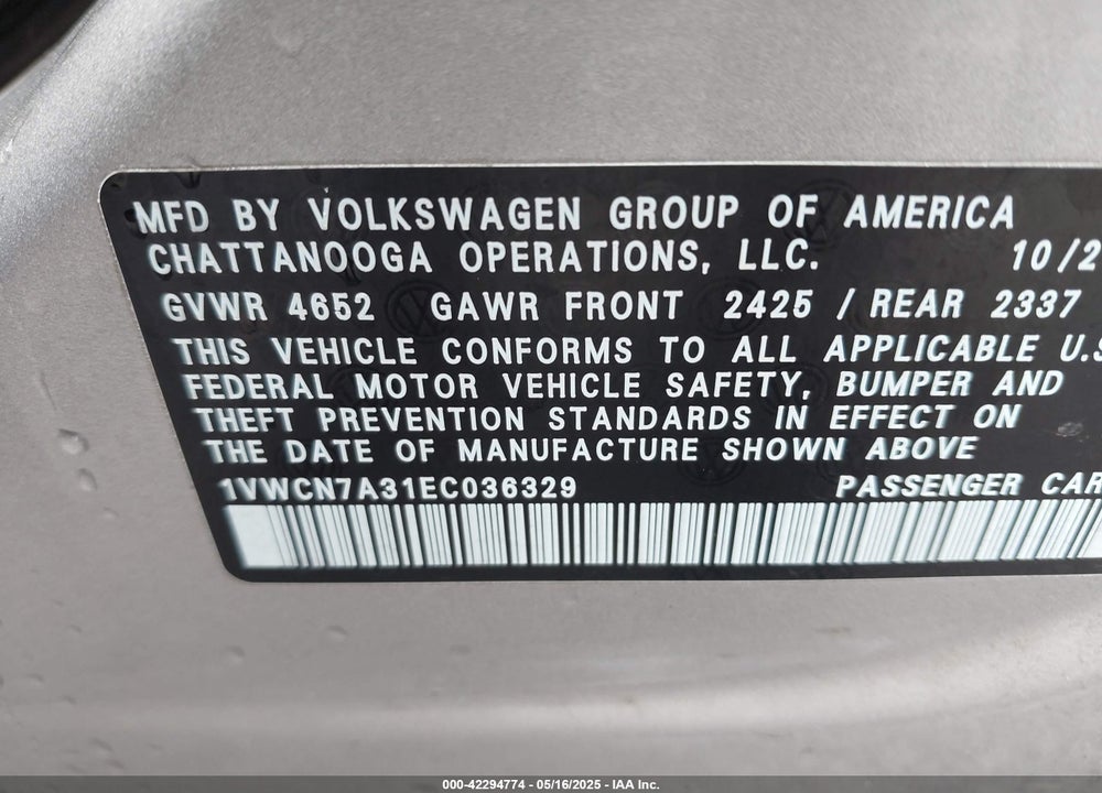 2014 VOLKSWAGEN PASSAT VIN: 1VWCN7A31EC036329
