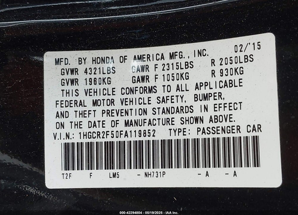 2015 HONDA ACCORD SPORT VIN: 1HGCR2F50FA119852