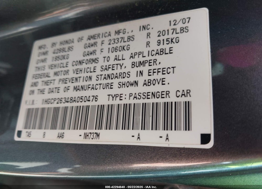 2008 HONDA ACCORD VIN: 1HGCP26348A050476