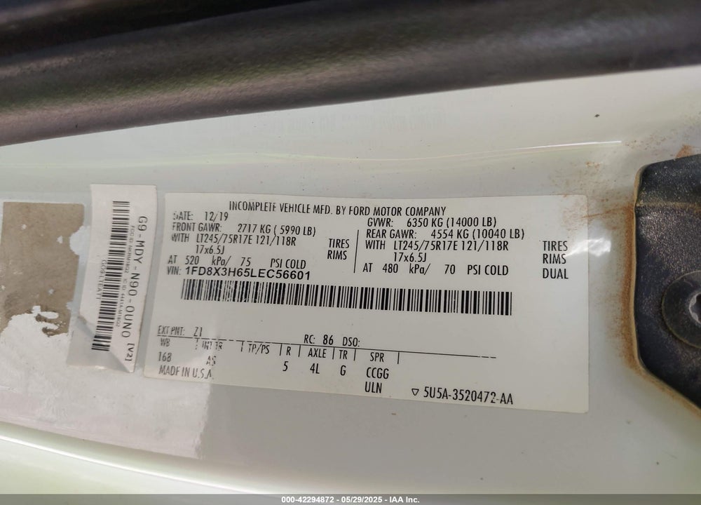 2020 FORD F-350 CHASSIS XL VIN: 1FD8X3H65LEC56601