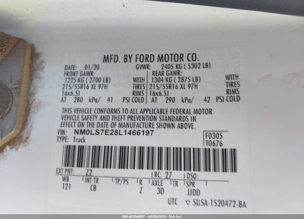 2020 FORD TRANSIT CONNECT XL CARGO VAN VIN: NM0LS7E28L1466197