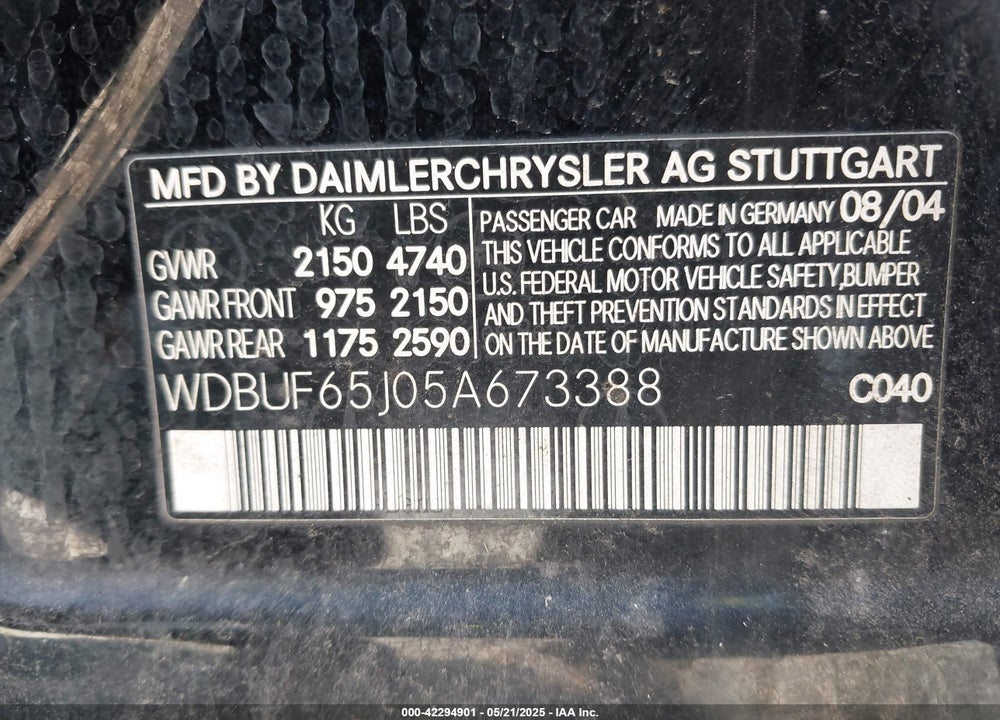 2005 MERCEDES-BENZ E 320 VIN: WDBUF65J05A673388