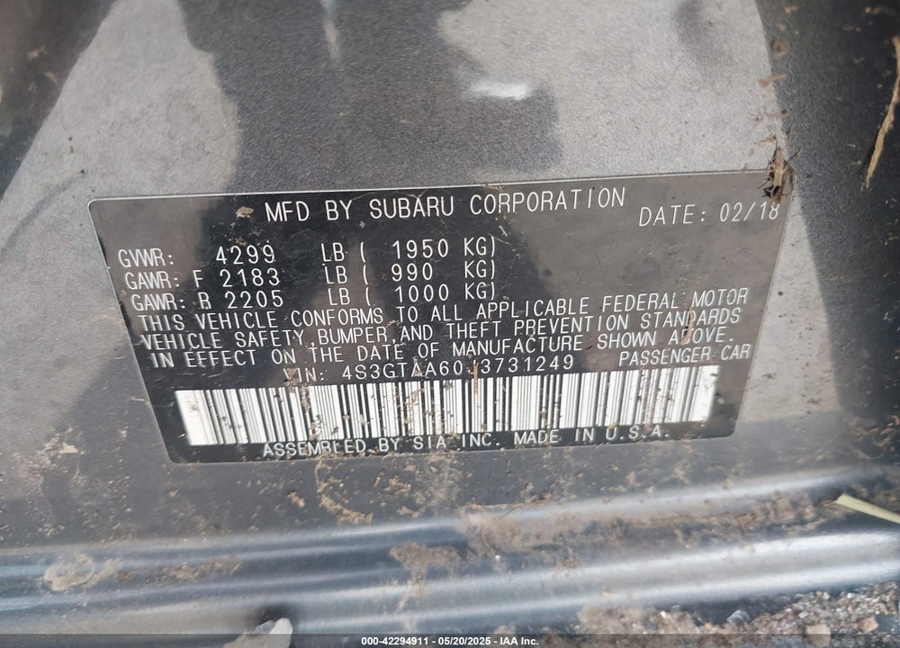 2018 SUBARU IMPREZA VIN: 4S3GTAA60J3731249