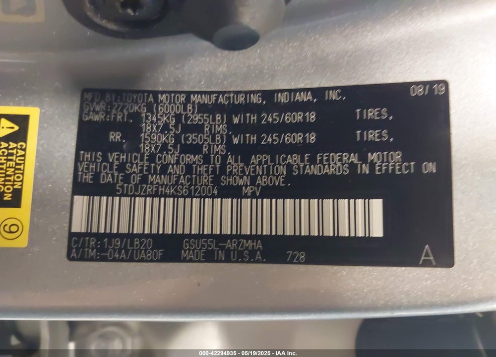 2019 TOYOTA HIGHLANDER XLE VIN: 5TDJZRFH4KS612004
